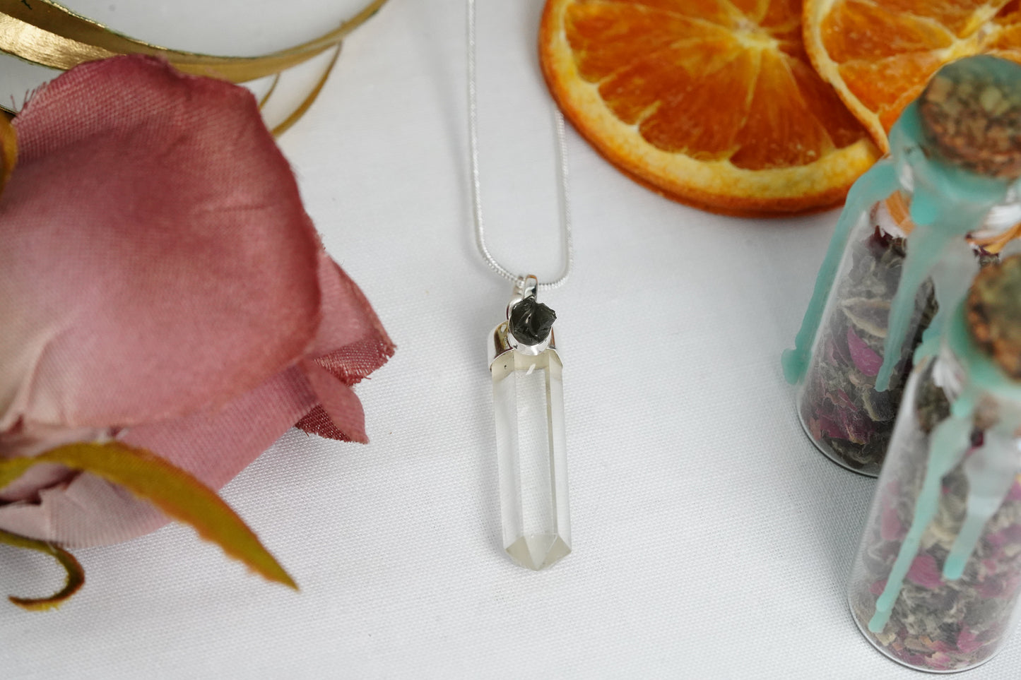 Moldavite & Clear Quartz Necklace