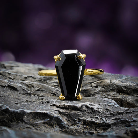 BLACK ONYX COFFIN RING - GOLD PLATED